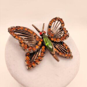Vintage  Weiss Bronze Butterfly Brooch With Amber & Green Rhinestones